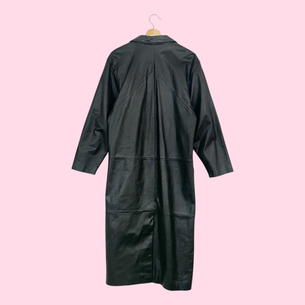 90S BLACK LEATHER DUSTER JACKET (M)