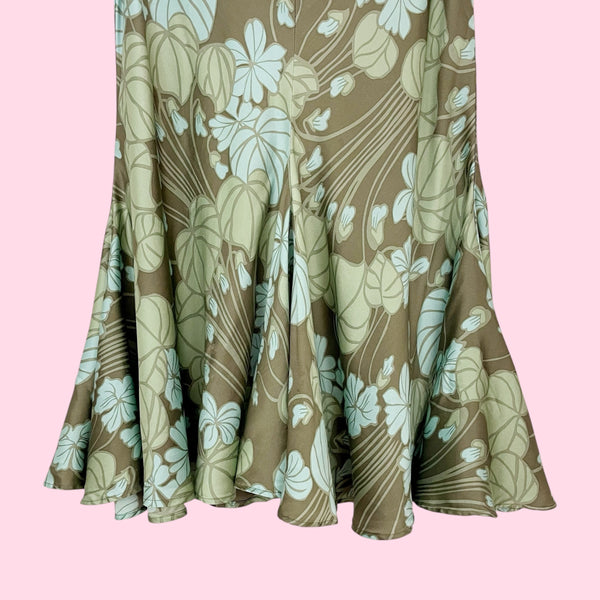 GREEN FLORAL SILK MIDI SKIRT (M)