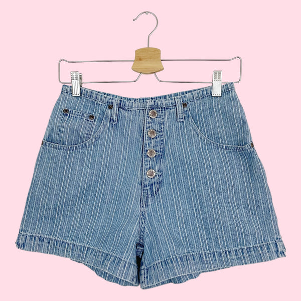 STRIPED DENIM SHORTS W/ EXPOSED BUTTON FLY (26)