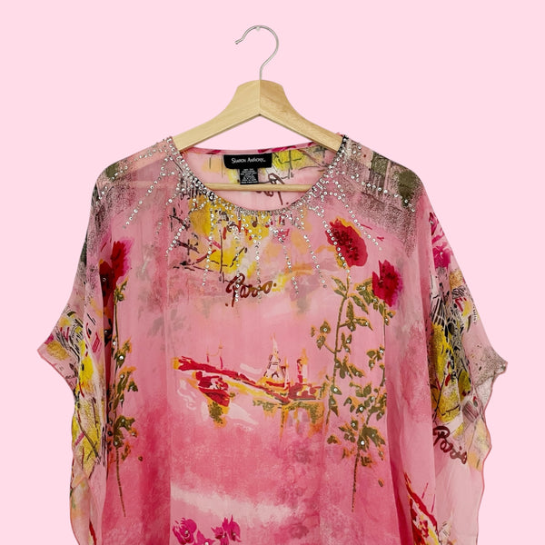 Y2K PINK EMBELLISHED SILK SCARF BLOUSE (S/M)