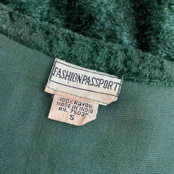 GREEN VELVET RUFFLE LACE UP CROPPED BLOUSE (S)