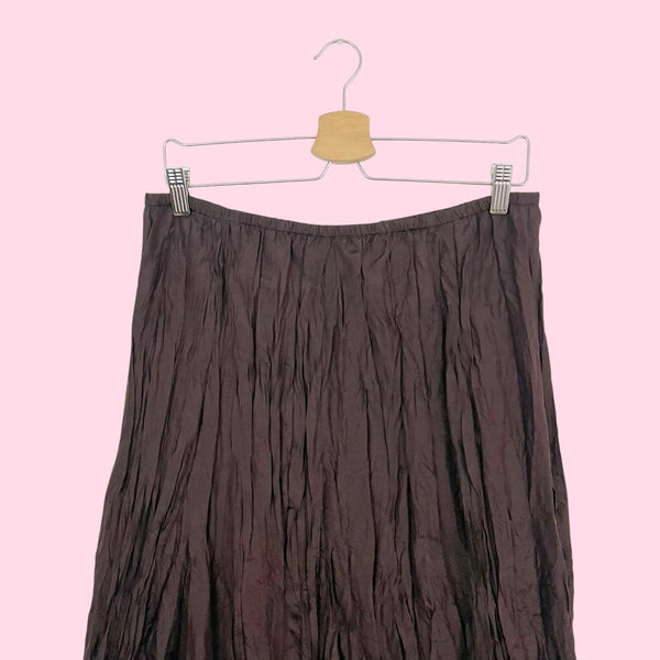 BROWN SILK WRINKLE PLEATED MIDI SKIRT (M)