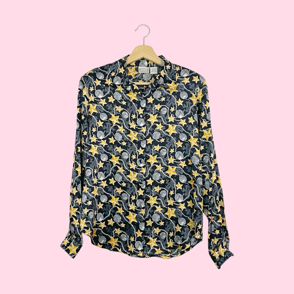 90s Black + Gold Star Print Silk Blouse (S)