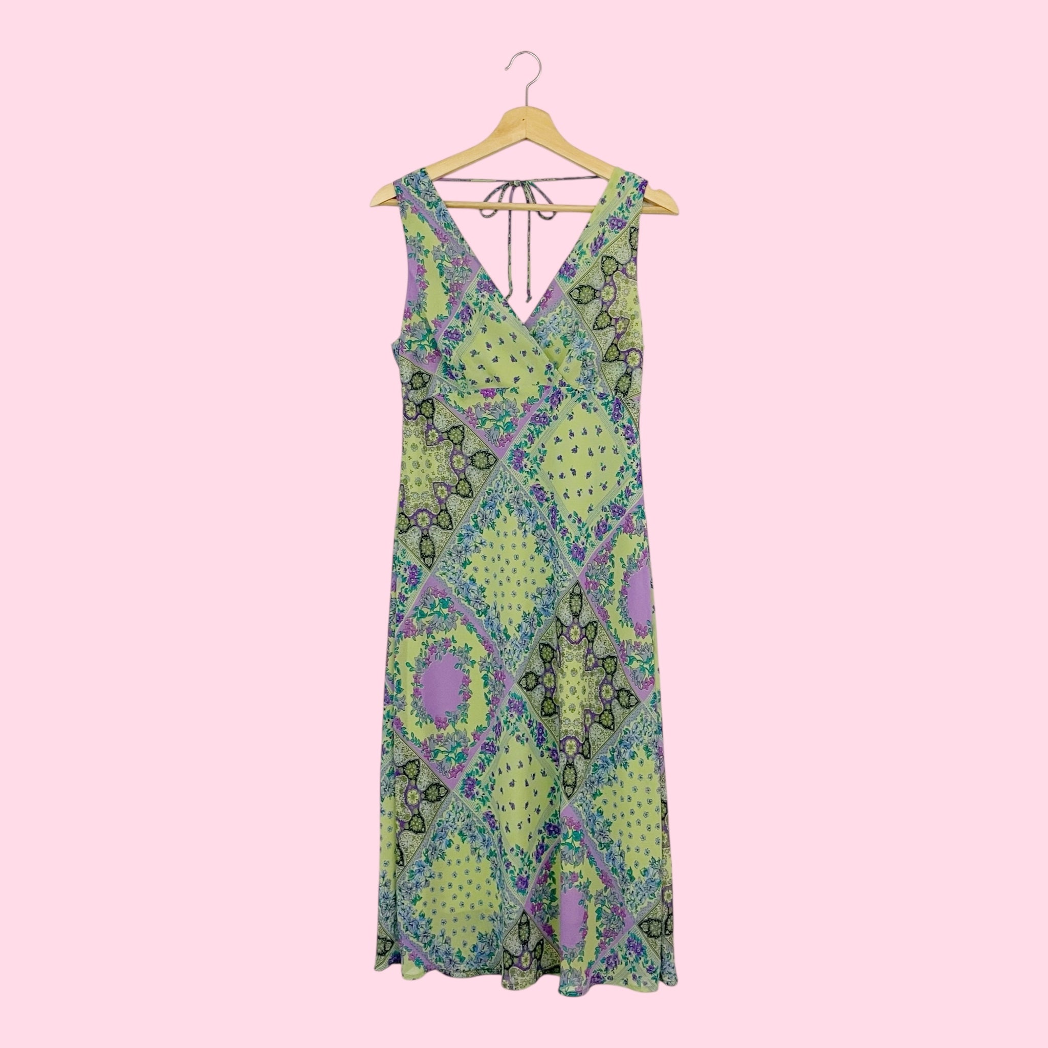 GREEN PATCHWORK PRINT MIDI DRESS (M)