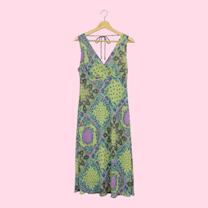 GREEN PATCHWORK PRINT MIDI DRESS (M)