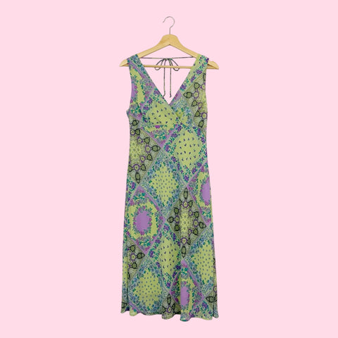 GREEN PATCHWORK PRINT MIDI DRESS (M)