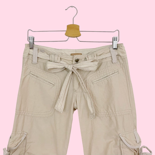 BEIGE STRAPPY CARGO CAPRI PANTS (S)