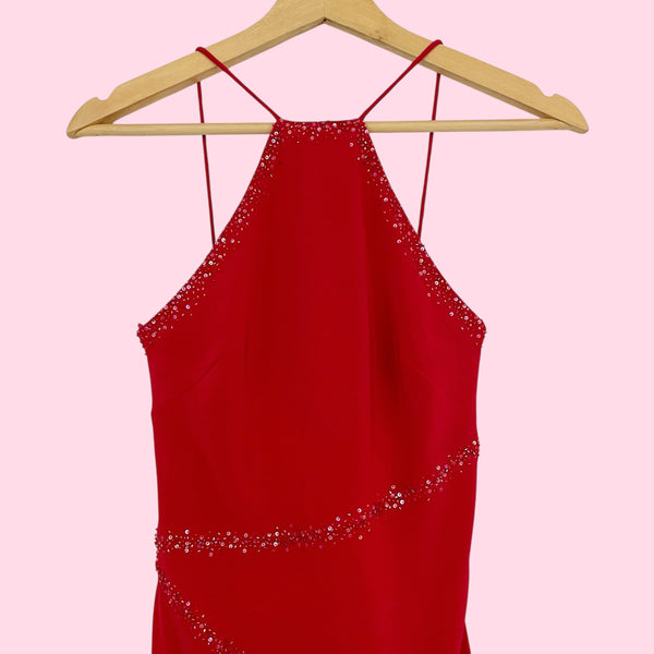 RED BEADED ASYMMETRICAL MIDI DRESS (2)