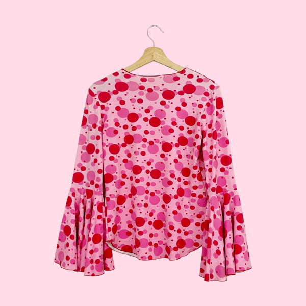 PINK + RED DOT PRINT BELL SLEEVE TOP (L/XL)