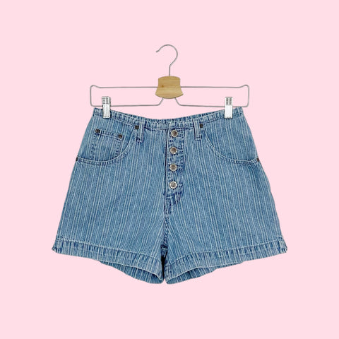 STRIPED DENIM SHORTS W/ EXPOSED BUTTON FLY (26)