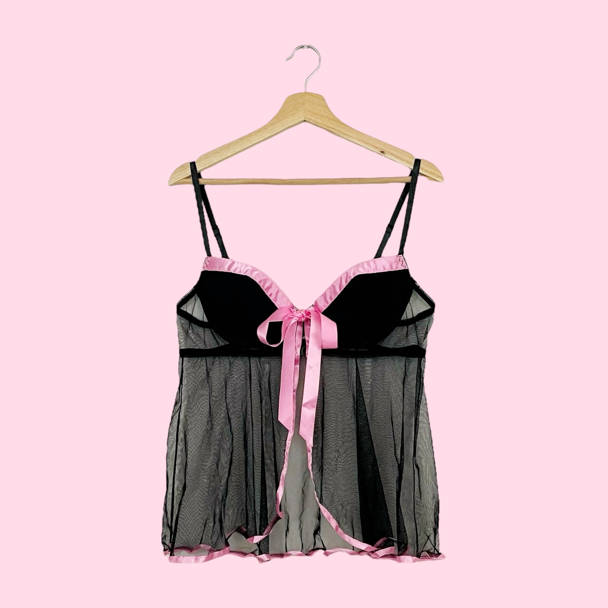 BLACK + PINK OPEN FRONT MESH BABYDOLL (L)