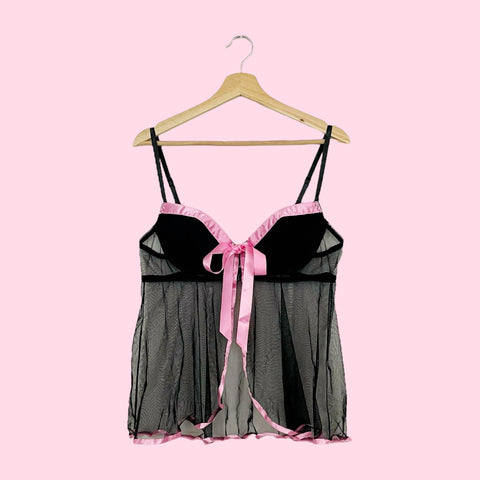 BLACK + PINK OPEN FRONT MESH BABYDOLL (L)