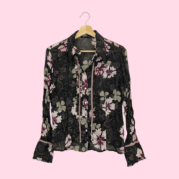 BROWN FLORAL PRINT WRINKLE BLOUSE (L)