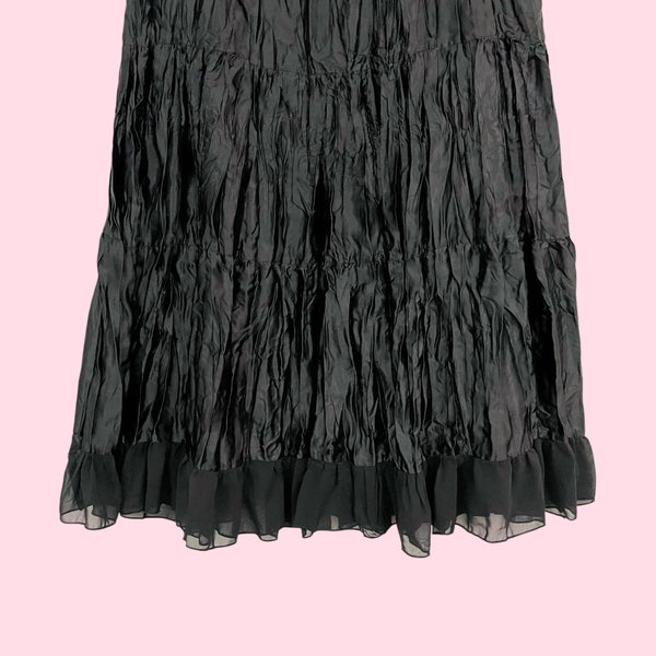 BLACK SATIN PLEATED MAXI SKIRT (S)