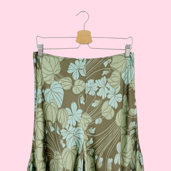 GREEN FLORAL SILK MIDI SKIRT (M)