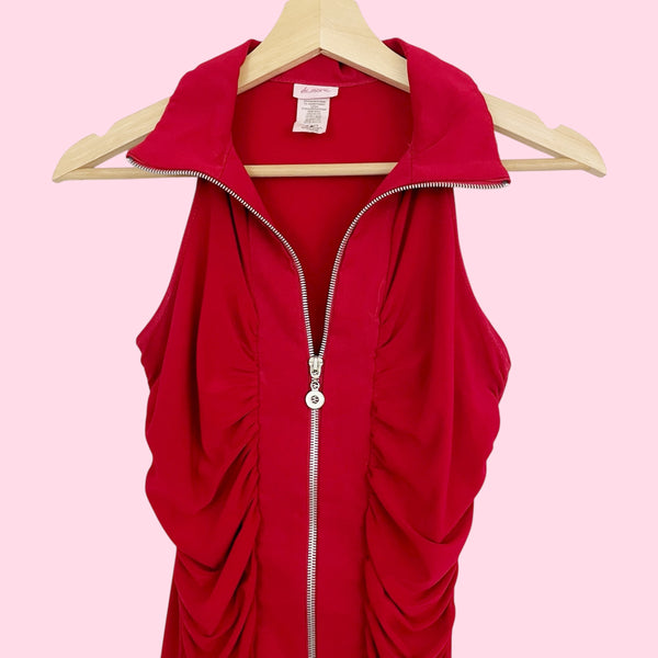 RED RUCHED ZIP UP MINI DRESS (M)