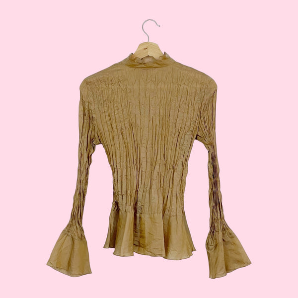 BROWN IRIDESCENT WRINKLED SILK BLOUSE (S/M)
