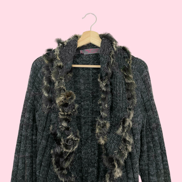 LONG GRAY CARDIGAN W/ FUR TRIM (M)