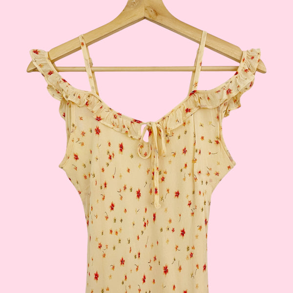 YELLOW FLORAL RAYON MIDI DRESS (S/M)