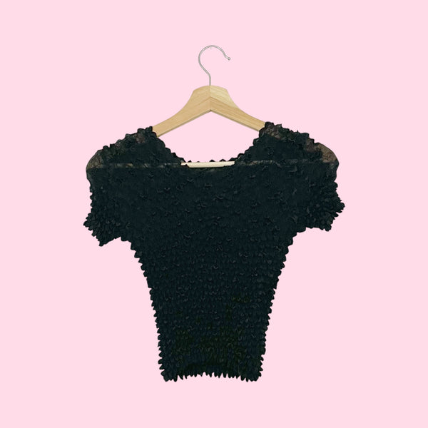 BLACK HEART PRINT POPCORN TOP (S/M)