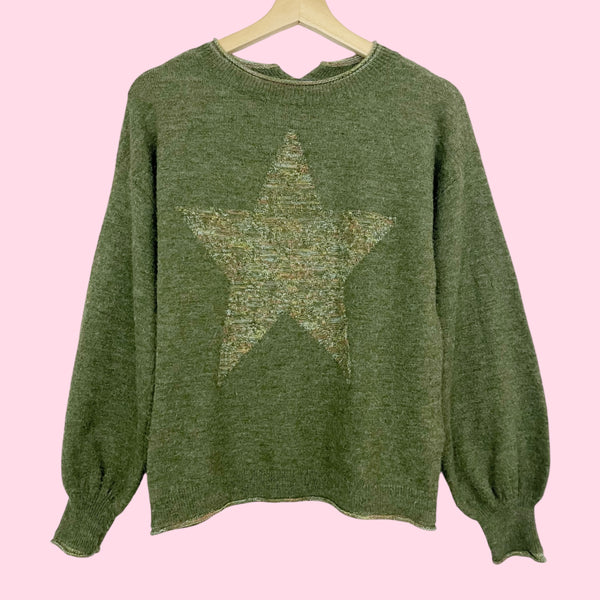DEMOCRACY OLIVE GREEN STAR SWEATER (S)