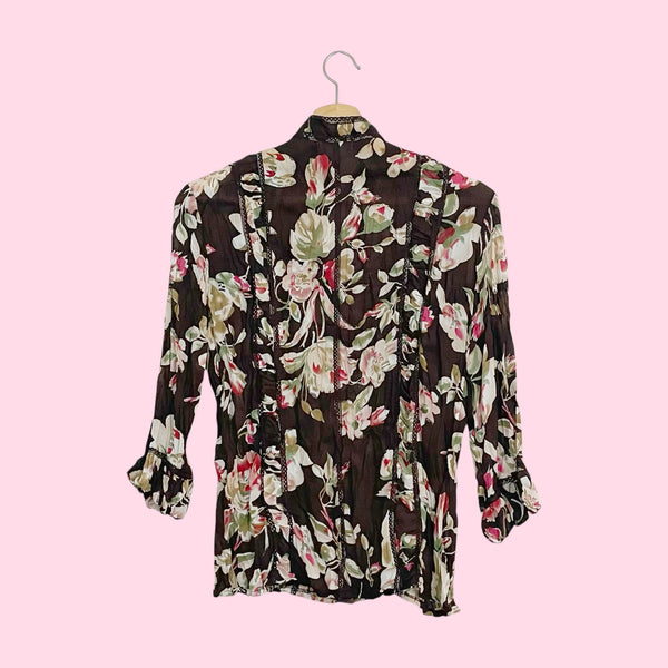 Y2K Brown Floral Ruched Blouse (S)