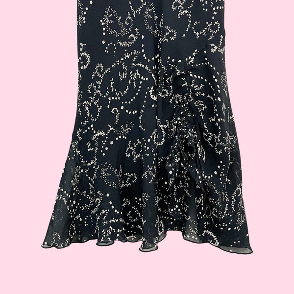 BLACK + CREAM FLORAL CINCHED MIDI SKIRT (S)
