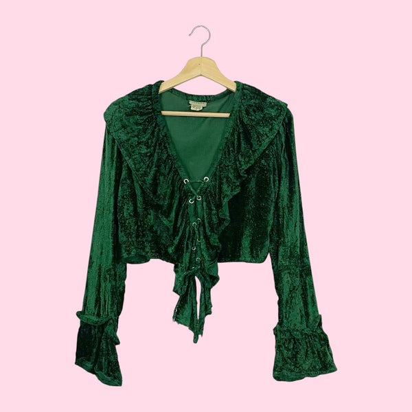 GREEN VELVET RUFFLE LACE UP CROPPED BLOUSE (S)