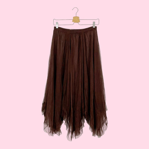 BROWN WRINKLED MESH SHEER SKIRT (S)