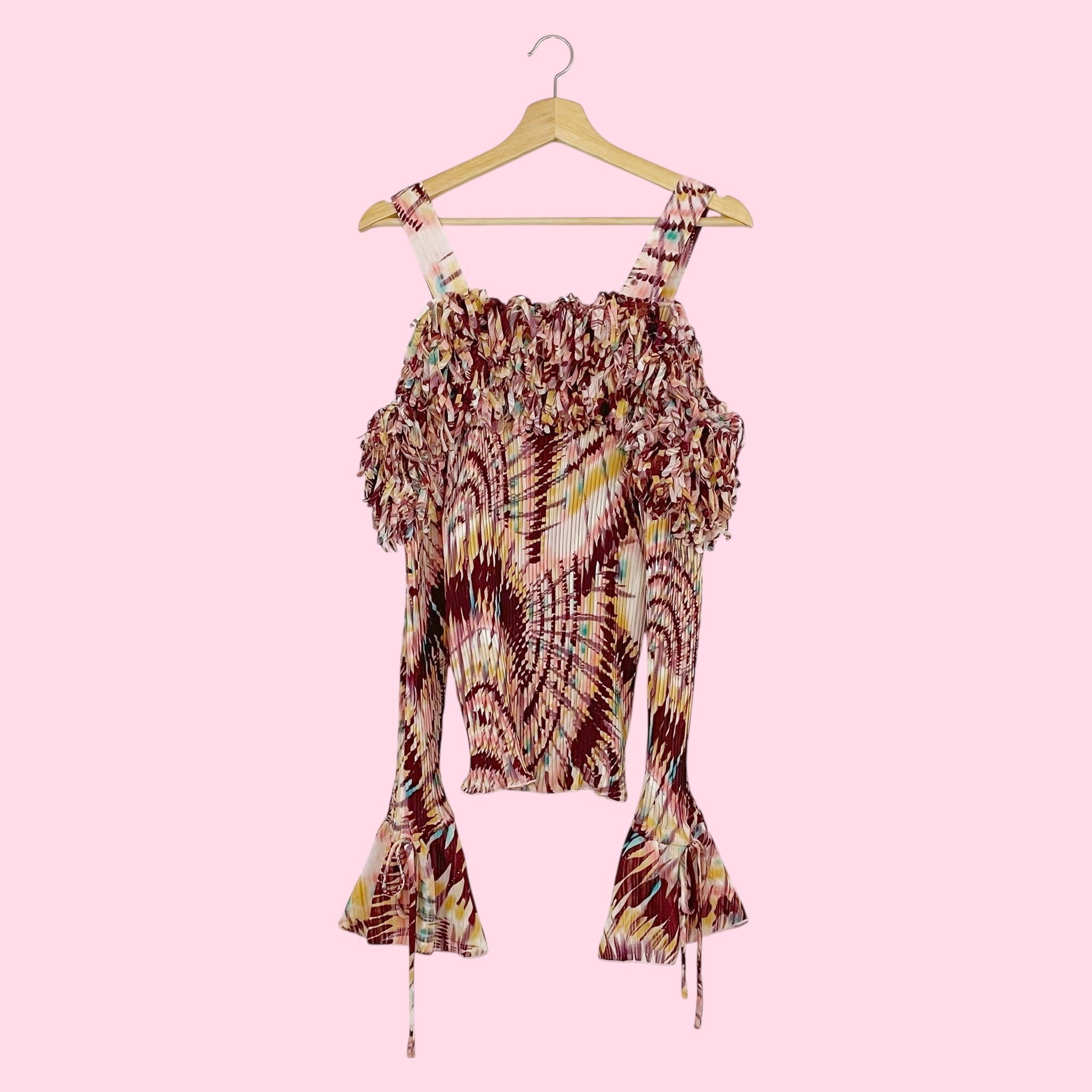 Y2K PRINTED FRINGE OFF SHOULDER BLOUSE (1X)