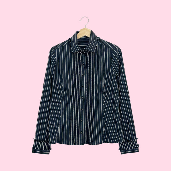 Black + White Striped Ruffle Blouse (M)