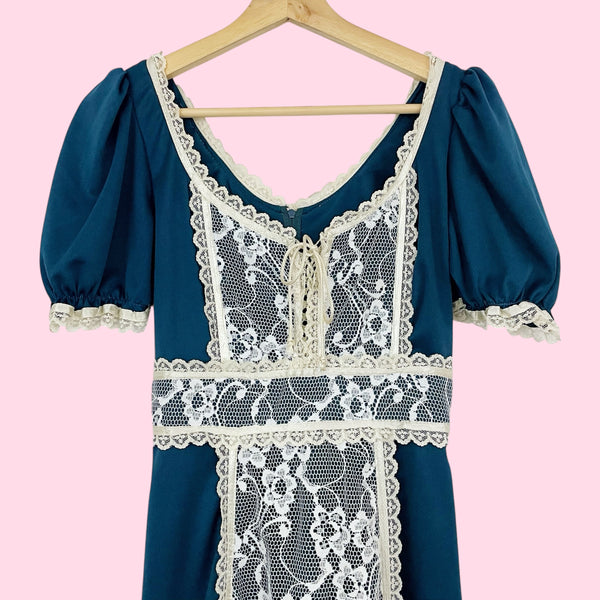 70s DARK BLUE + CREAM LACE PRAIRIE DRESS (6)