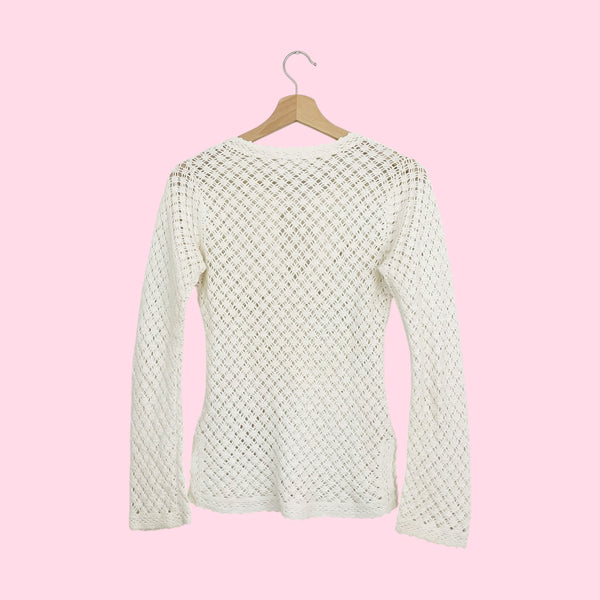 White Crochet Tie Keyhole Sweater (XS)