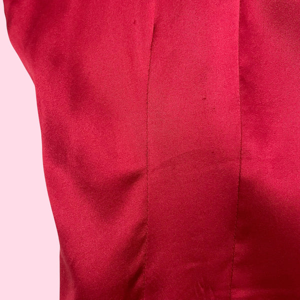 BEBE RED SILK BLOUSE W/ FUR COLLAR (L)