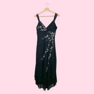 BLACK BEADED FLORAL MIDI DRESS (M/L)