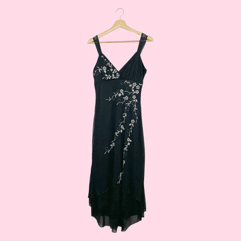 BLACK BEADED FLORAL MIDI DRESS (M/L)