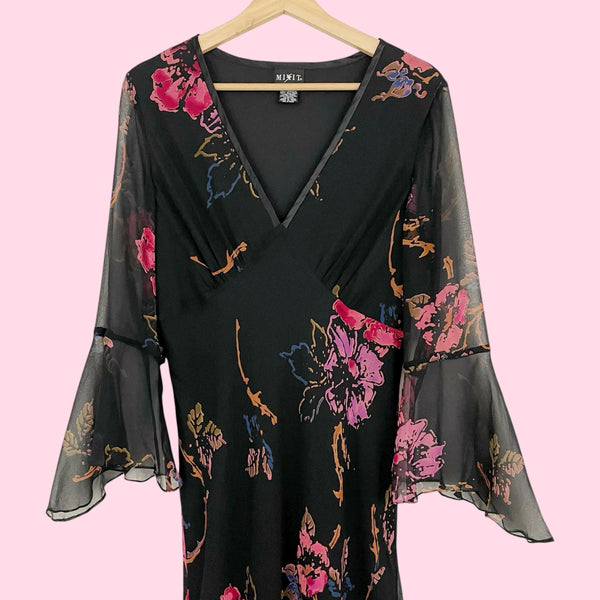 BLACK FLORAL SILK BELL SLEEVE MIDI DRESS (12)