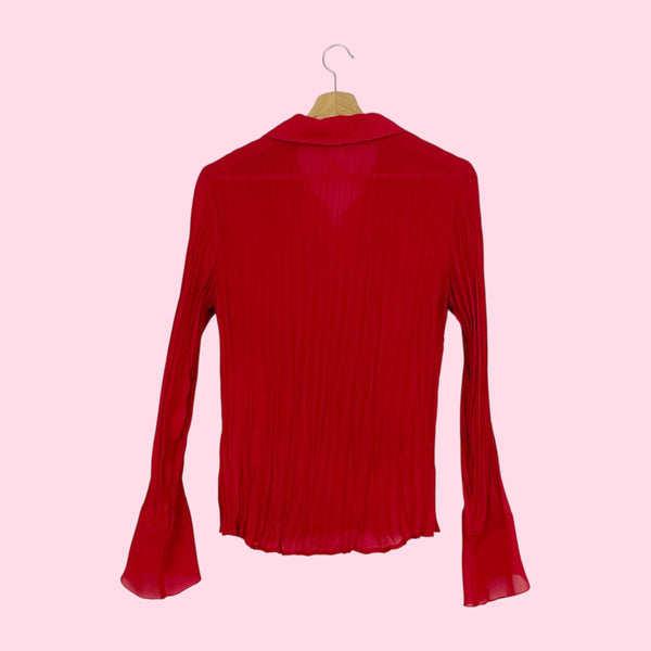 RED SHEER PLEATED RUFFLE BLOUSE (M)