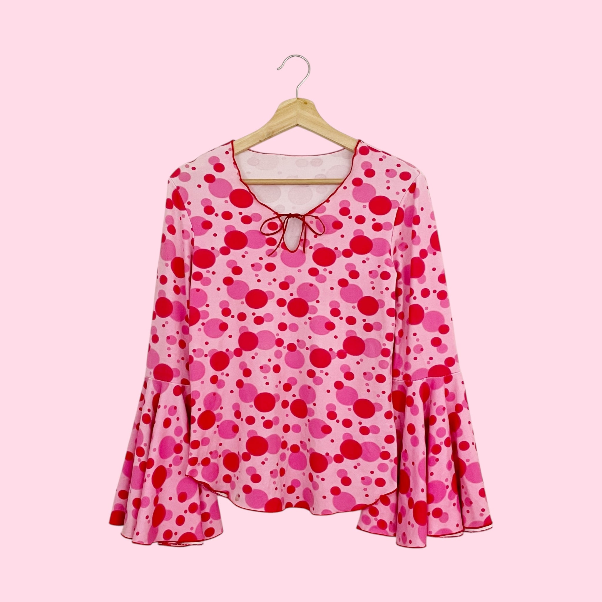 PINK + RED DOT PRINT BELL SLEEVE TOP (L/XL)
