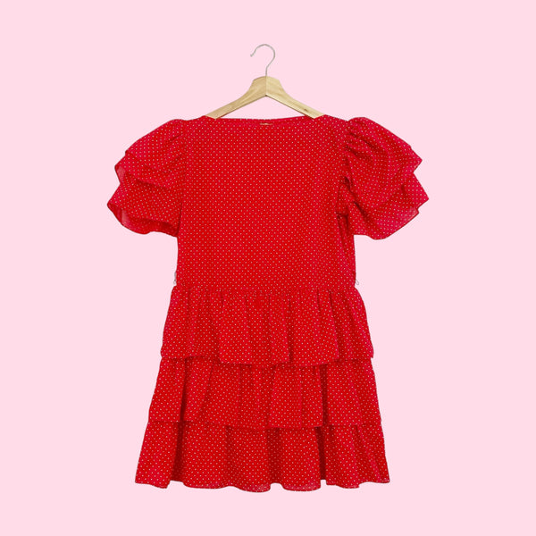 RED + WHITE POLKA DOT RUFFLE DRESS (M)