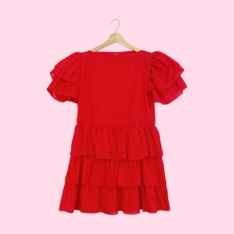 RED + WHITE POLKA DOT RUFFLE DRESS (M)