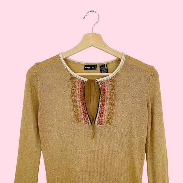 TAN KNIT KEYHOLE SWEATER (S)