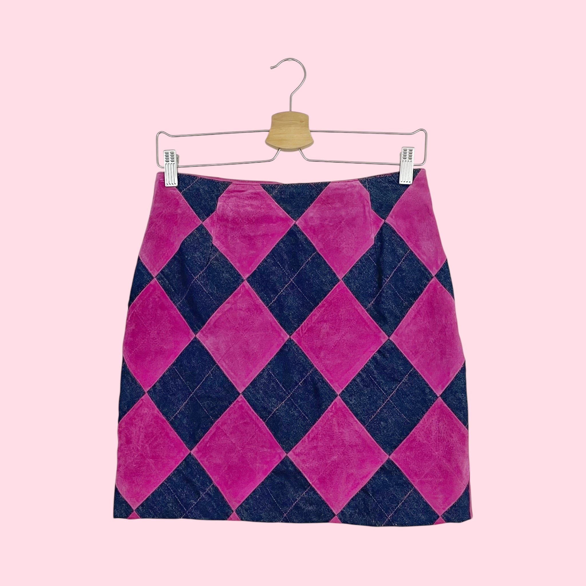 PINK SUEDE + DENIM ARGYLE SKIRT (6)