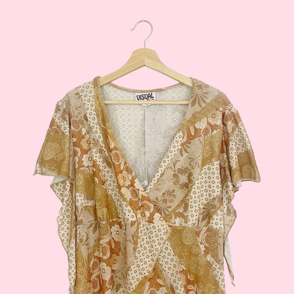 Y2K Tan Patchwork Mesh Asymmetrical Tie Back Top (3X)