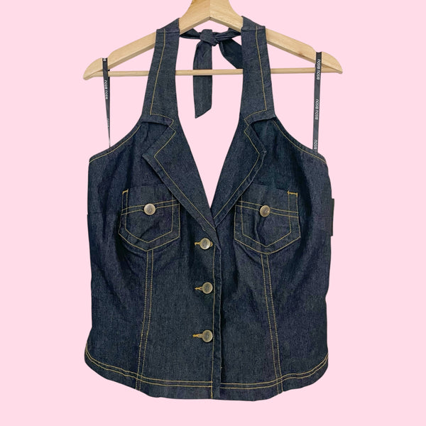 DARK STRETCH DENIM HALTER VEST (L)