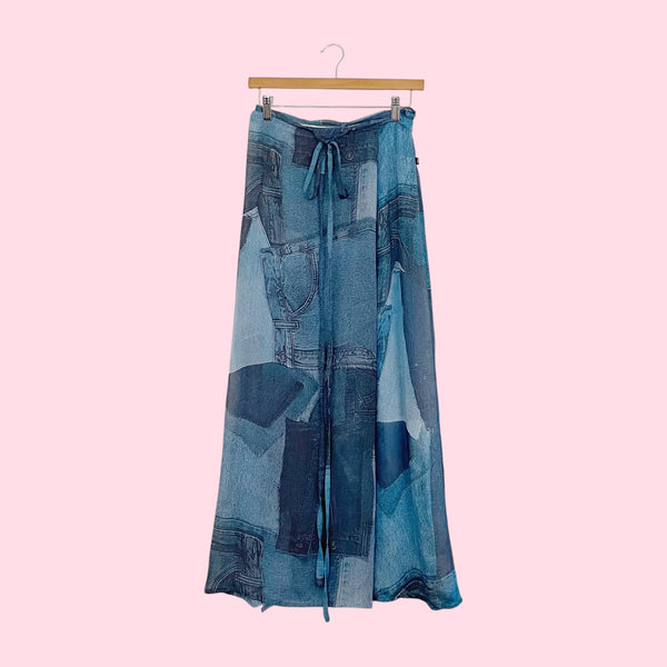 Denim Print Sheer Wrap Skirt (S)