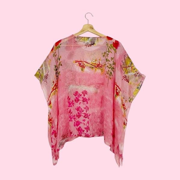 Y2K PINK EMBELLISHED SILK SCARF BLOUSE (S/M)
