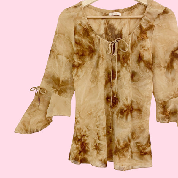 TAN TIE DYE SHEER BELL SLEEVE TOP (M/L)