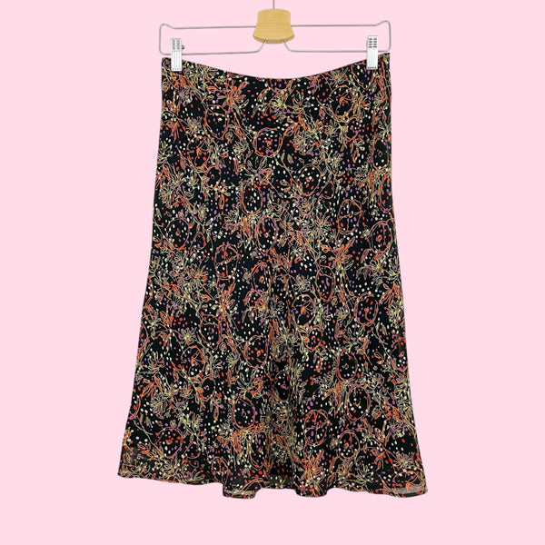 BLACK FLORAL PRINT MIDI SKIRT (S)