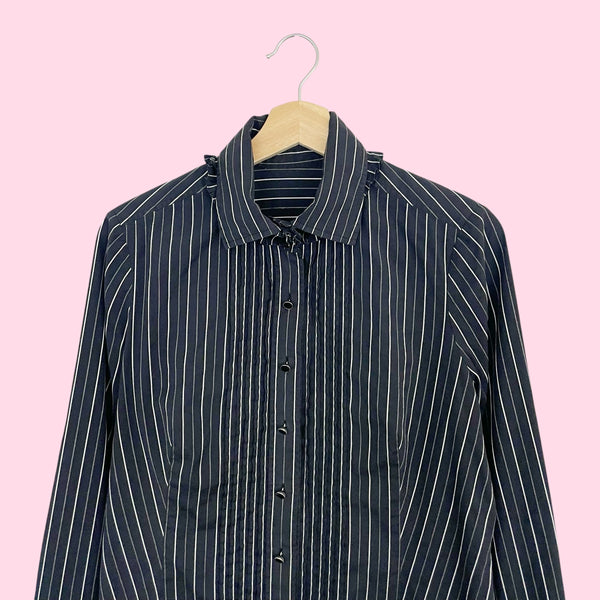 Black + White Striped Ruffle Blouse (M)